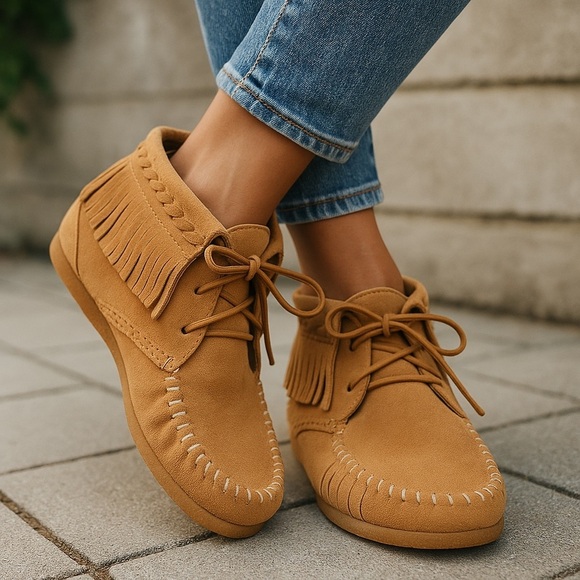 Mossimo Women’s Moccasins With Fringe Made With Suede Size 6 Tan Rubber Soles - Picture 1 of 7
